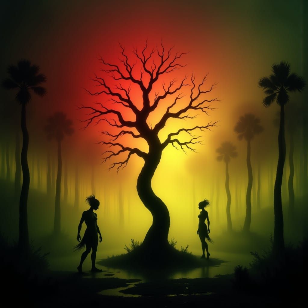 ominous dancing wispy tree-creatures in eerie red green yellow twilight <lora:TwilightZone:1.0>