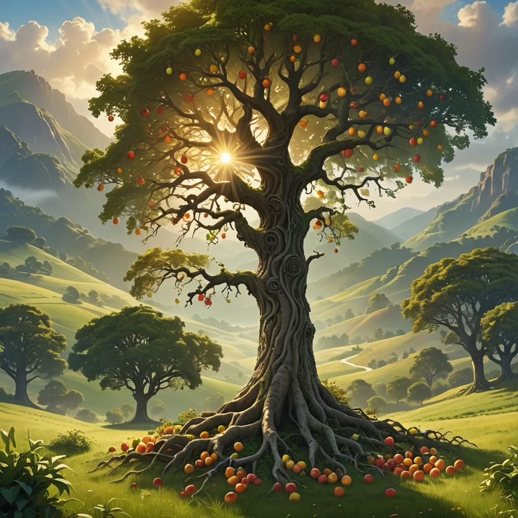 large and spacious field with a tree whose fruit was desirable to make one happy  by @Nccmrm97