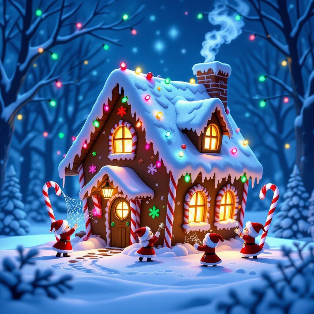 Harley Quinn wearing festive Christmas Elf outfit while sitting next to a Christmas tree and fireplace with Christmas presents  - Start Image 1