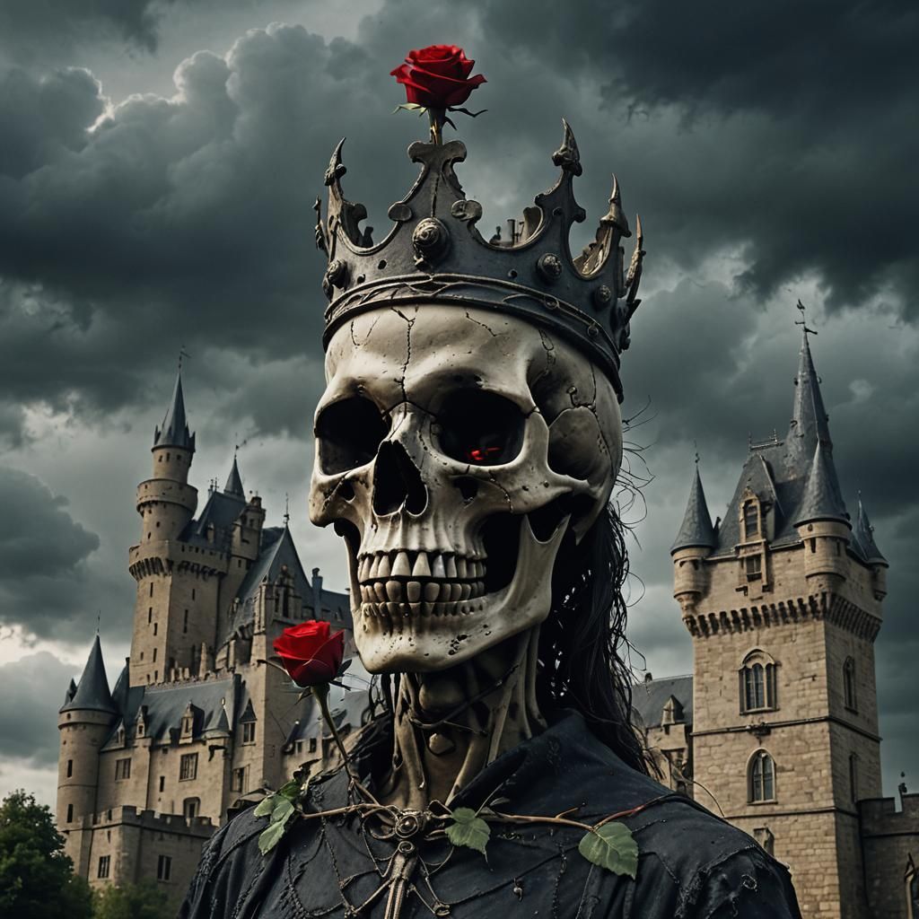 Symbolic image of a skull wearing a crown, with a red rose g...