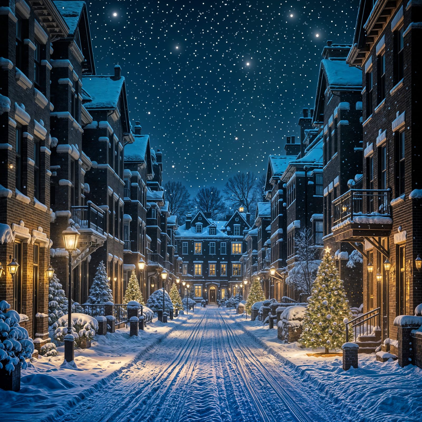 Night lights, Christmas trees, snow, multi-storey buildings with terraces built in the 1990s from brick ...  by @Milos Vojvodic