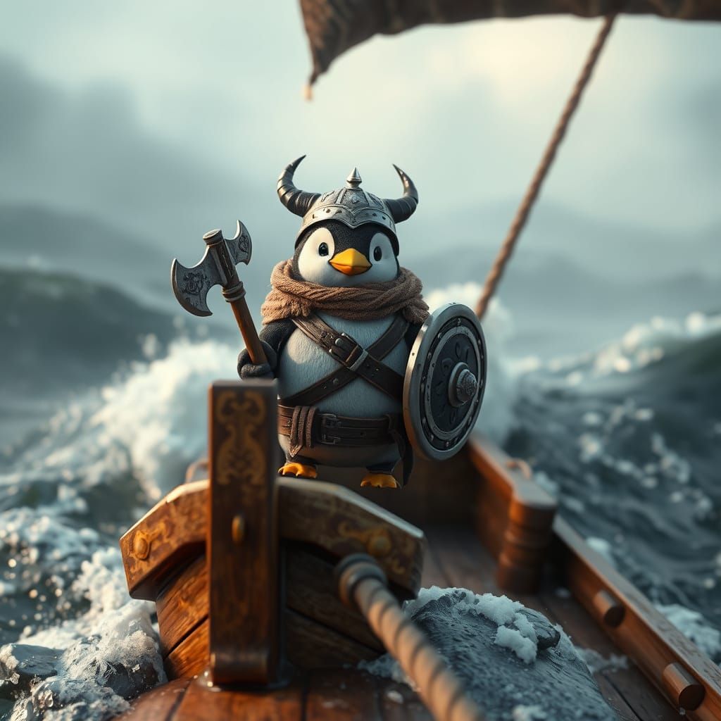 Penguin Viking Warrior on Stormy Seas in 3D
