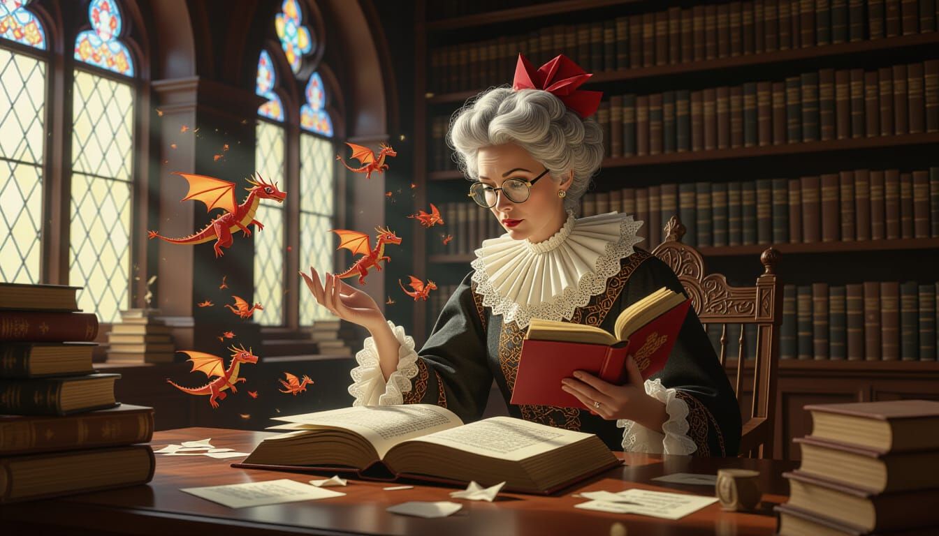 A whimsical librarian, with spectacles perched precariously on her nose, is attempting to wrangle a swarm ...  by @The Carlyle