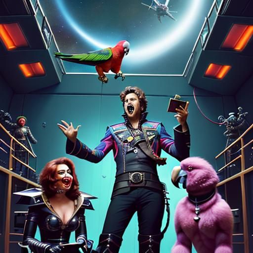 A sarcastic space pirate captain with a pet robot parrot and...