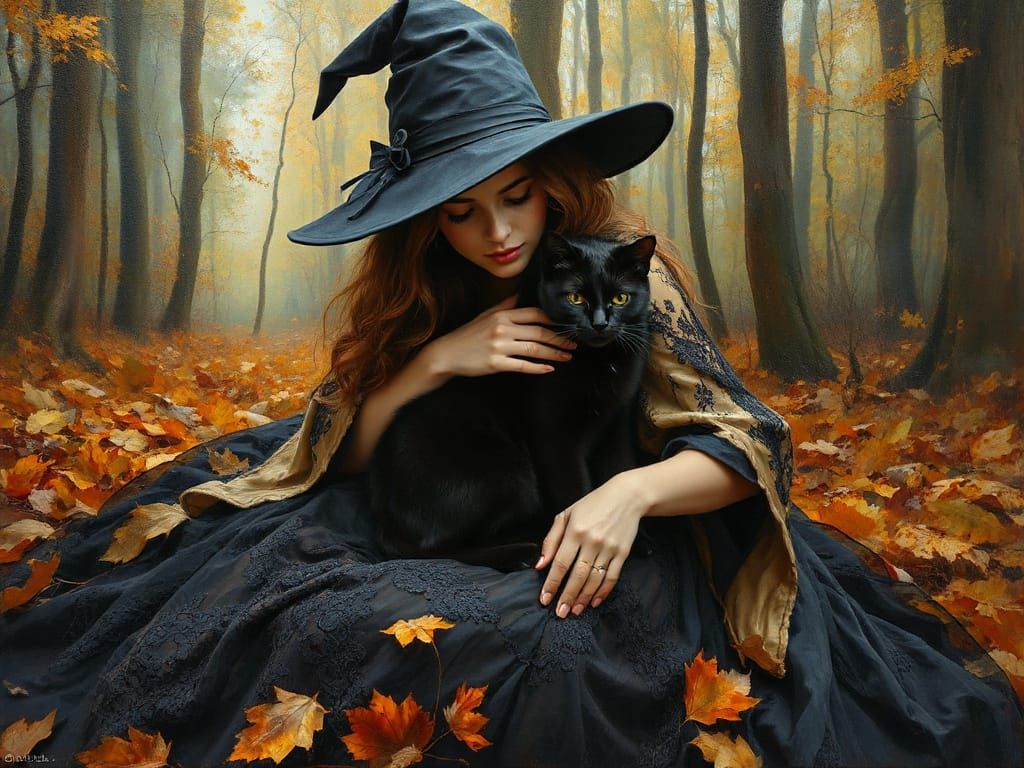 A beautiful witch wearing a witches hat, wearing a striking black lace dress splaying out over the autumn ...  by @AutumnBear