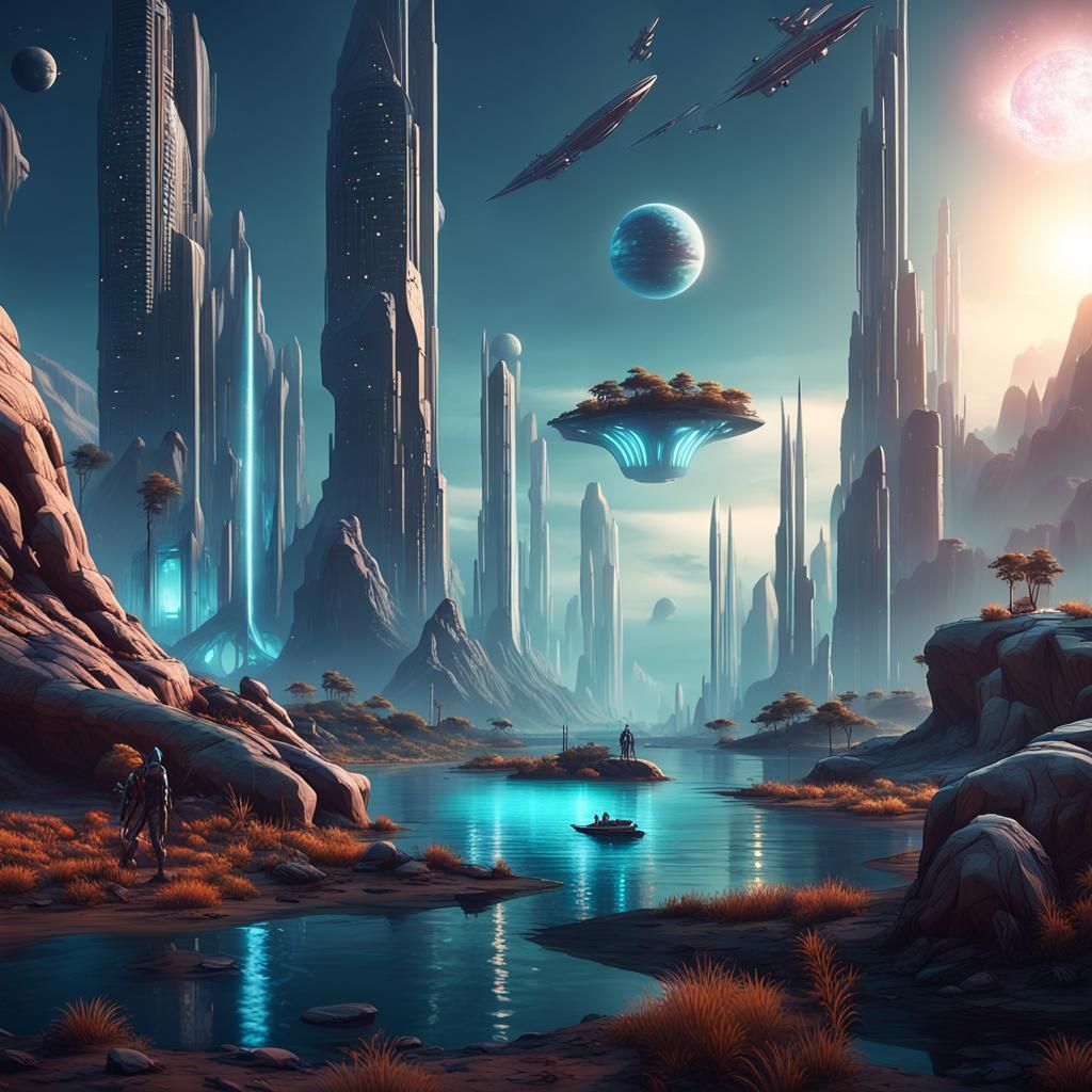a futuristic cityscape on an alien planet...