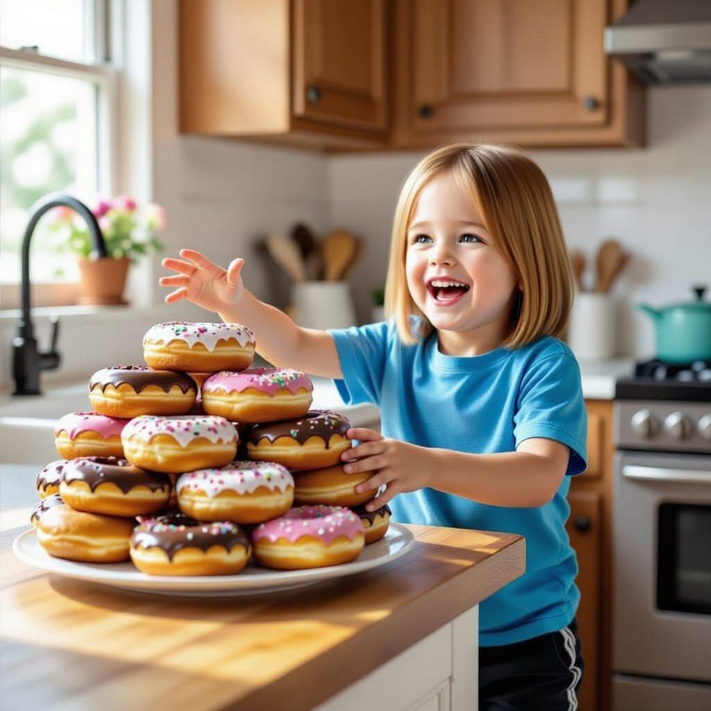 A plate of donuts on the counter. A little boy with brown hair is reaching to grab one with a big smile on his face. The the boy is wearing ...