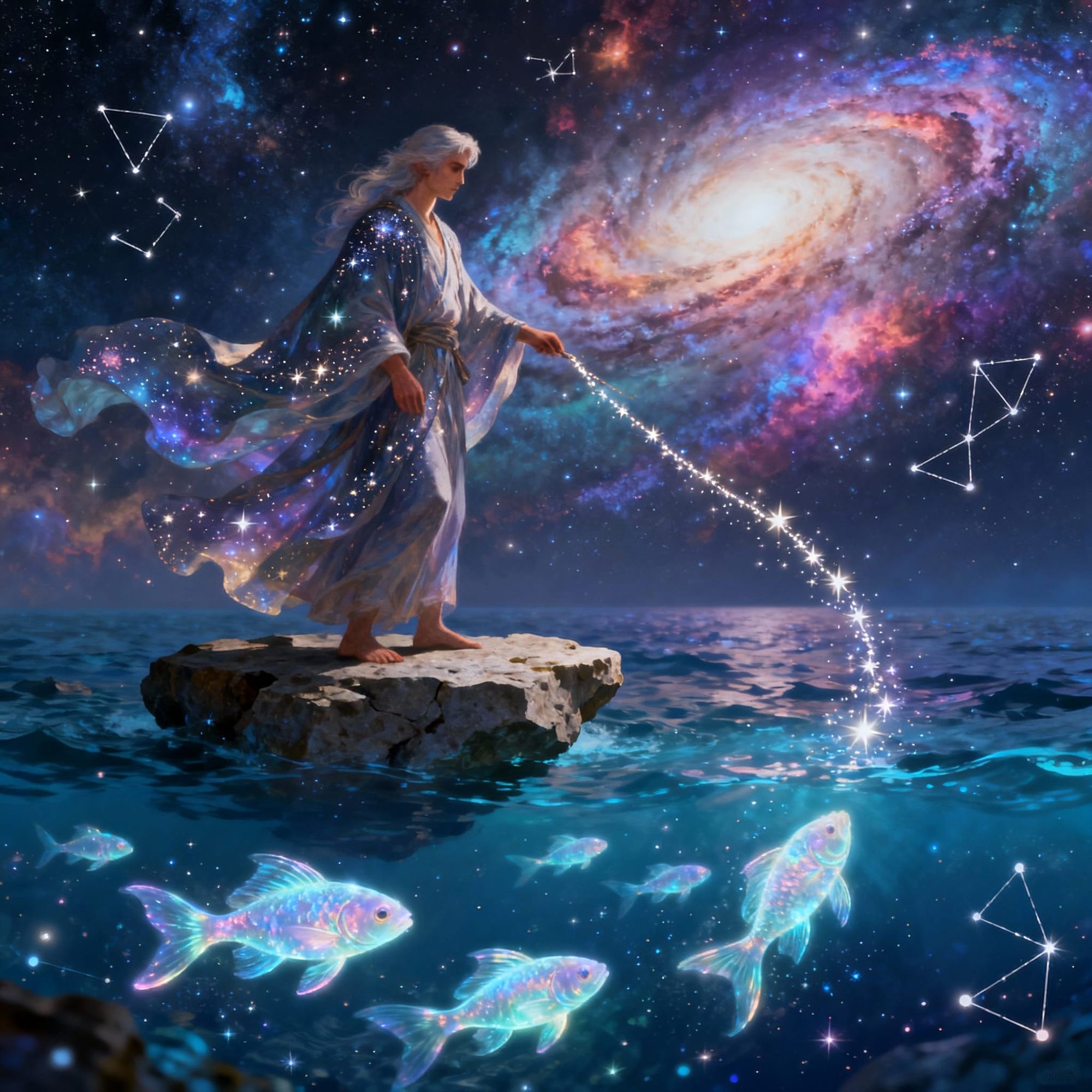 A mythical celestial fisherman stands on a floating fragment of stone suspended in cosmic space. He casts a shimmering, starlit line into a ...