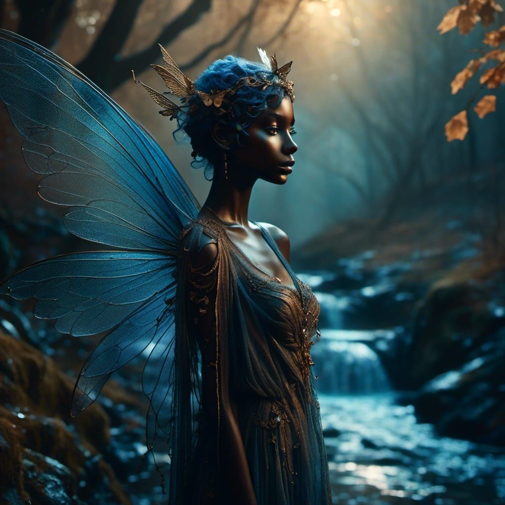 <lora:Ethnic Fantasy:1.0> close-up portrait of a fairy, near a stream. ((Large (perfectly placed) iridescent wings: 2.5)) Gloomy forest bac...