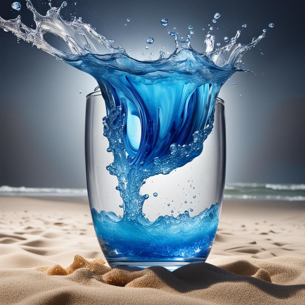 A fancy glass of vibrant blue water falling over and splashi...