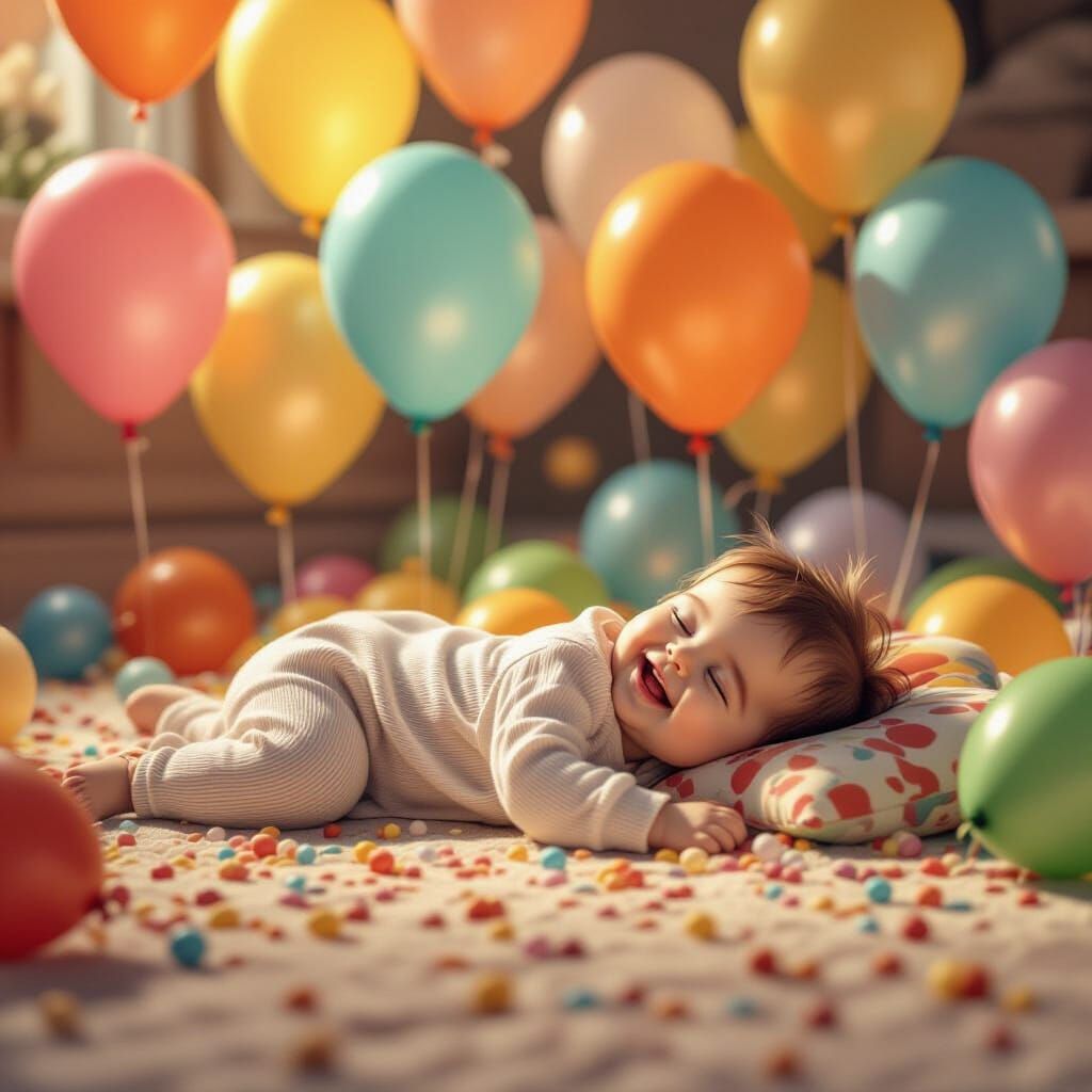 Joyful Baby Sleeps Among Colorful Balloons in Whimsical Digi...
