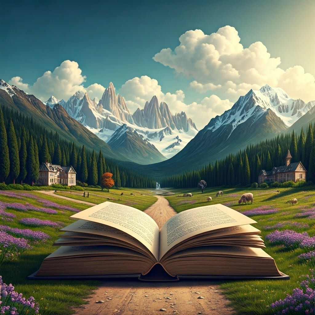 Surreal Summer Landscape of Snowy Mountains and Ancient Book