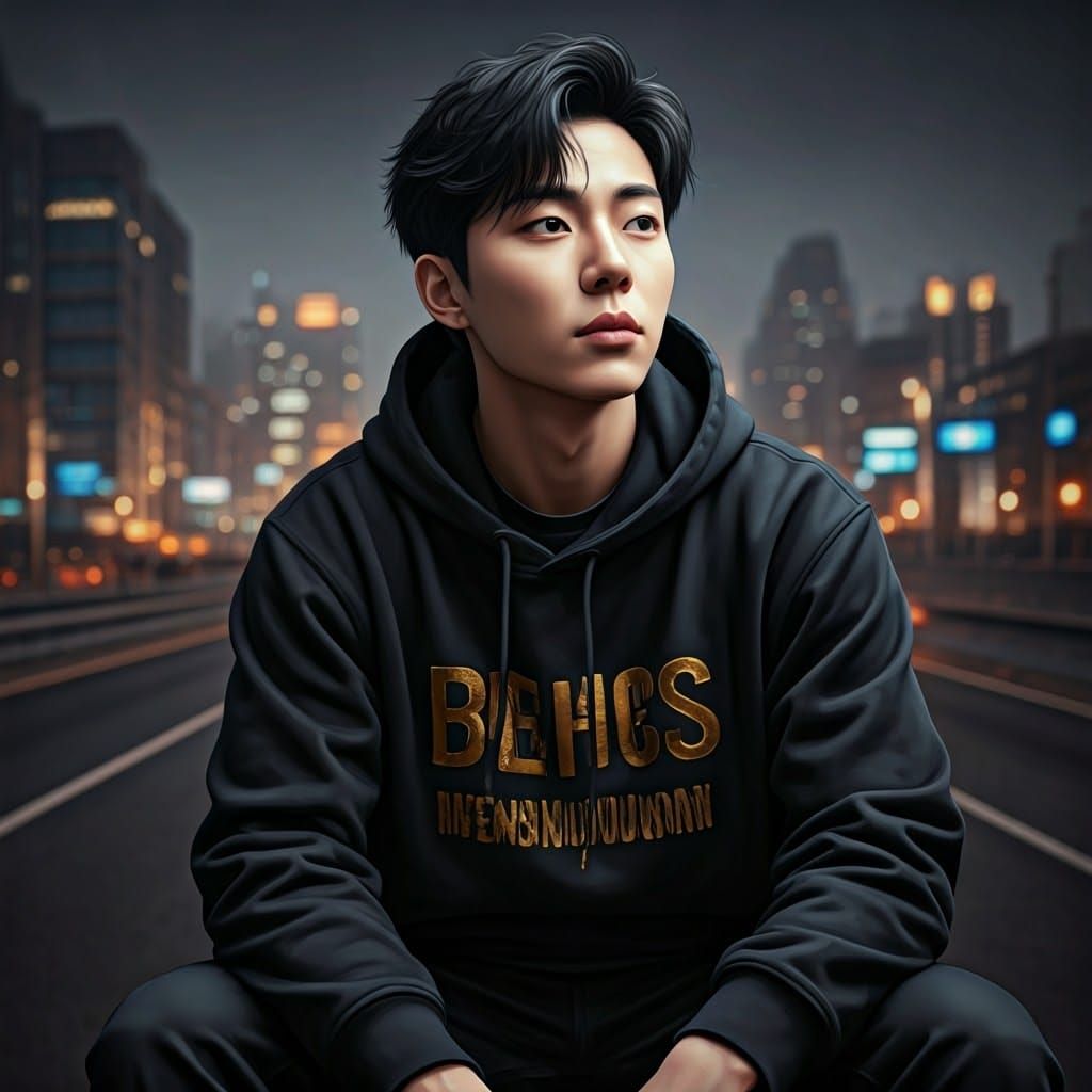 Trendy Korean Man in Urban Matte Painting