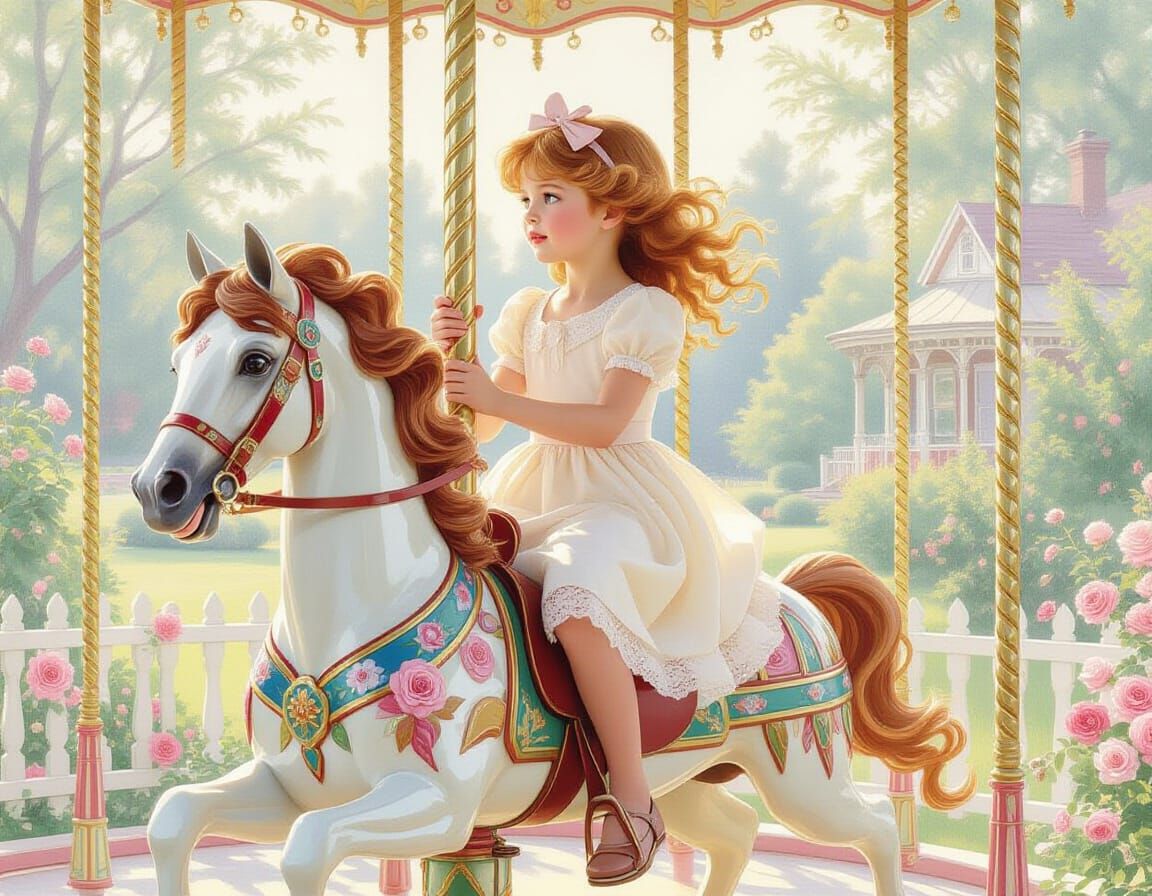 
This serene image depicts a young girl with auburn hair, cheveux ondules, flottant dans le vent, sitting atop a pretty caraousel horse on a...