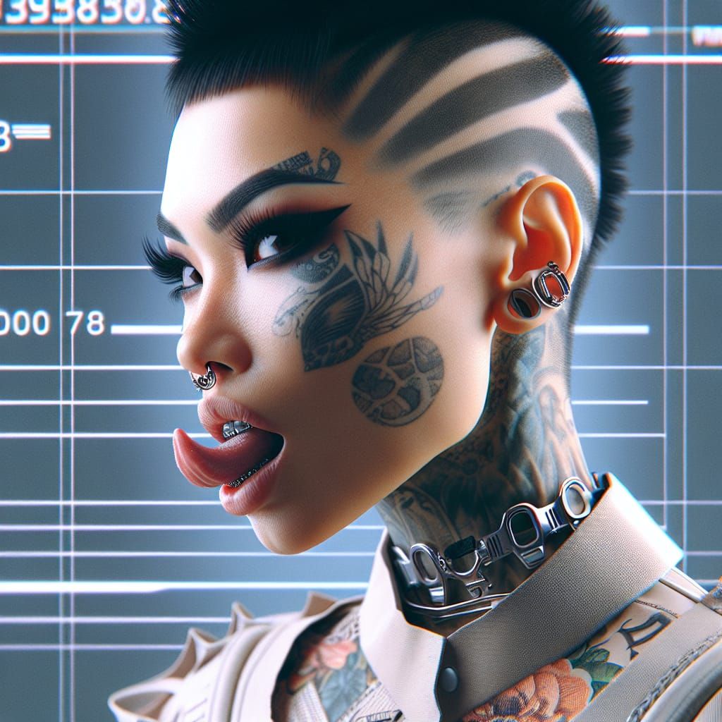 Futuristic Mugshot of Woman with Tattoos in Cyberpunk Style