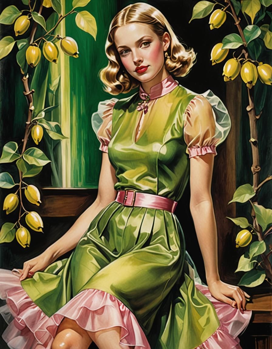 Beautiful Woman in Yellow Silk Dress, Watercolor Style