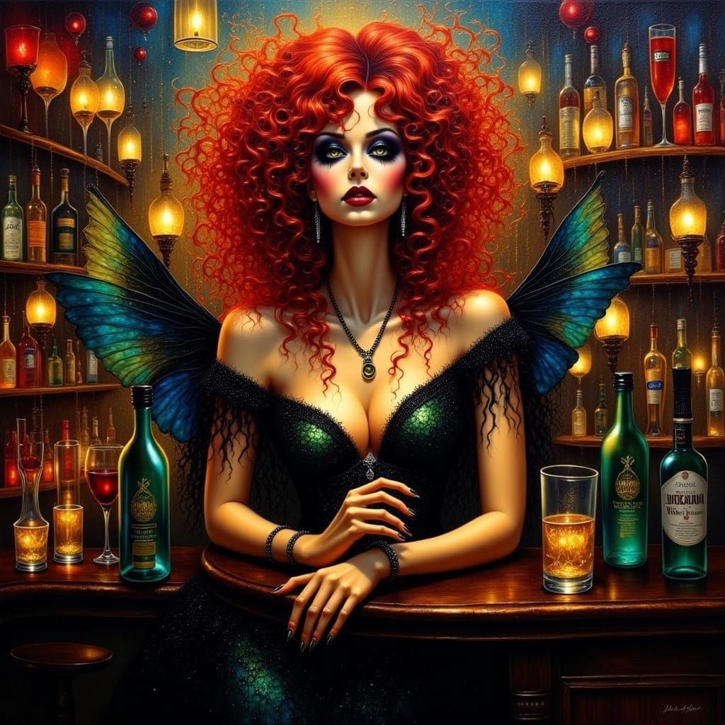 (Circuitry Sculpture:1.9) of 1920s goth plus-sized flapper with red curly hair in a speakeasy. <lora:Creepy Cool Flux:1.0> Alcohol ink, Oil...