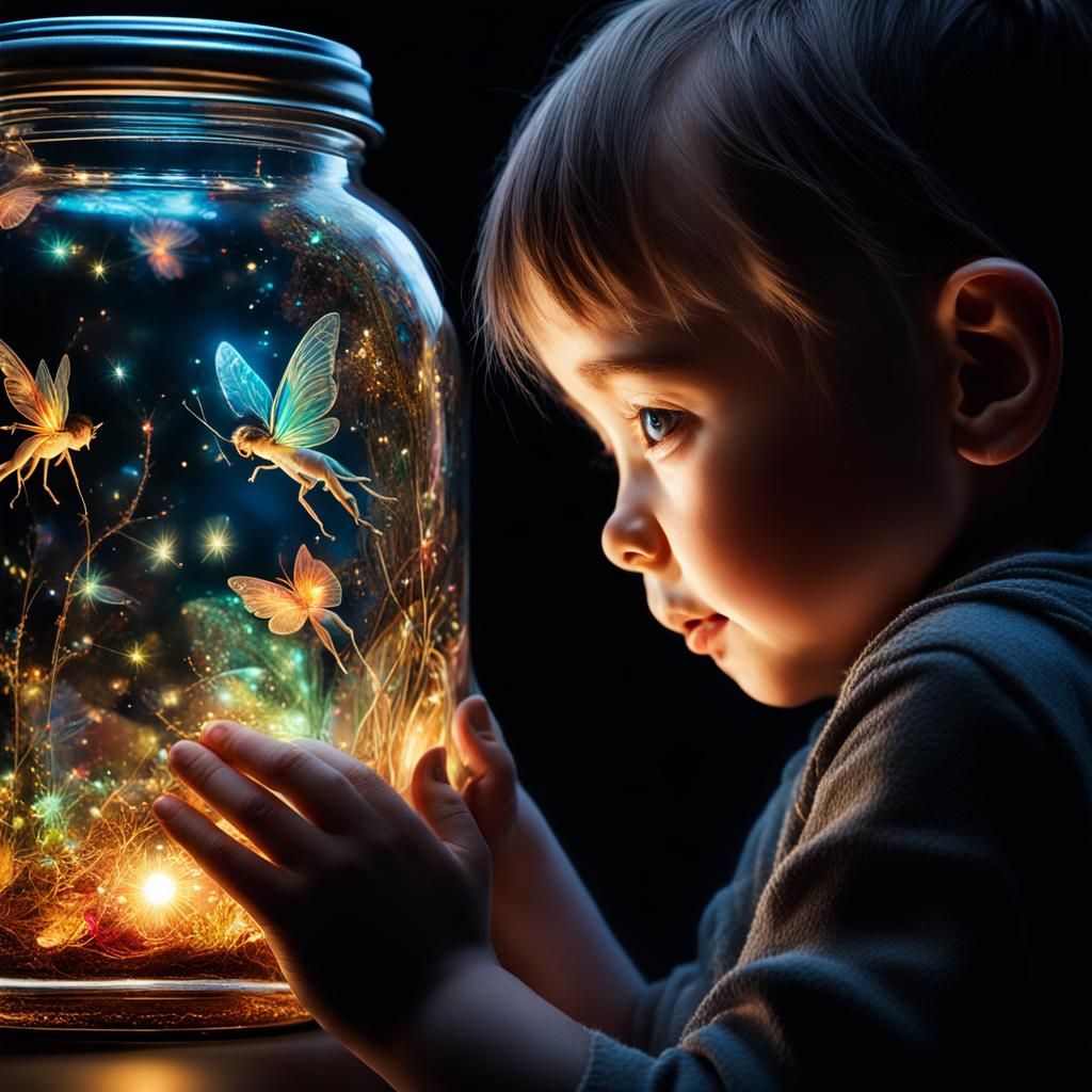 Close up side view of the face of a young Child next to a jar with beautiful glowing fairy, child looking ...  by @Morning Dawn