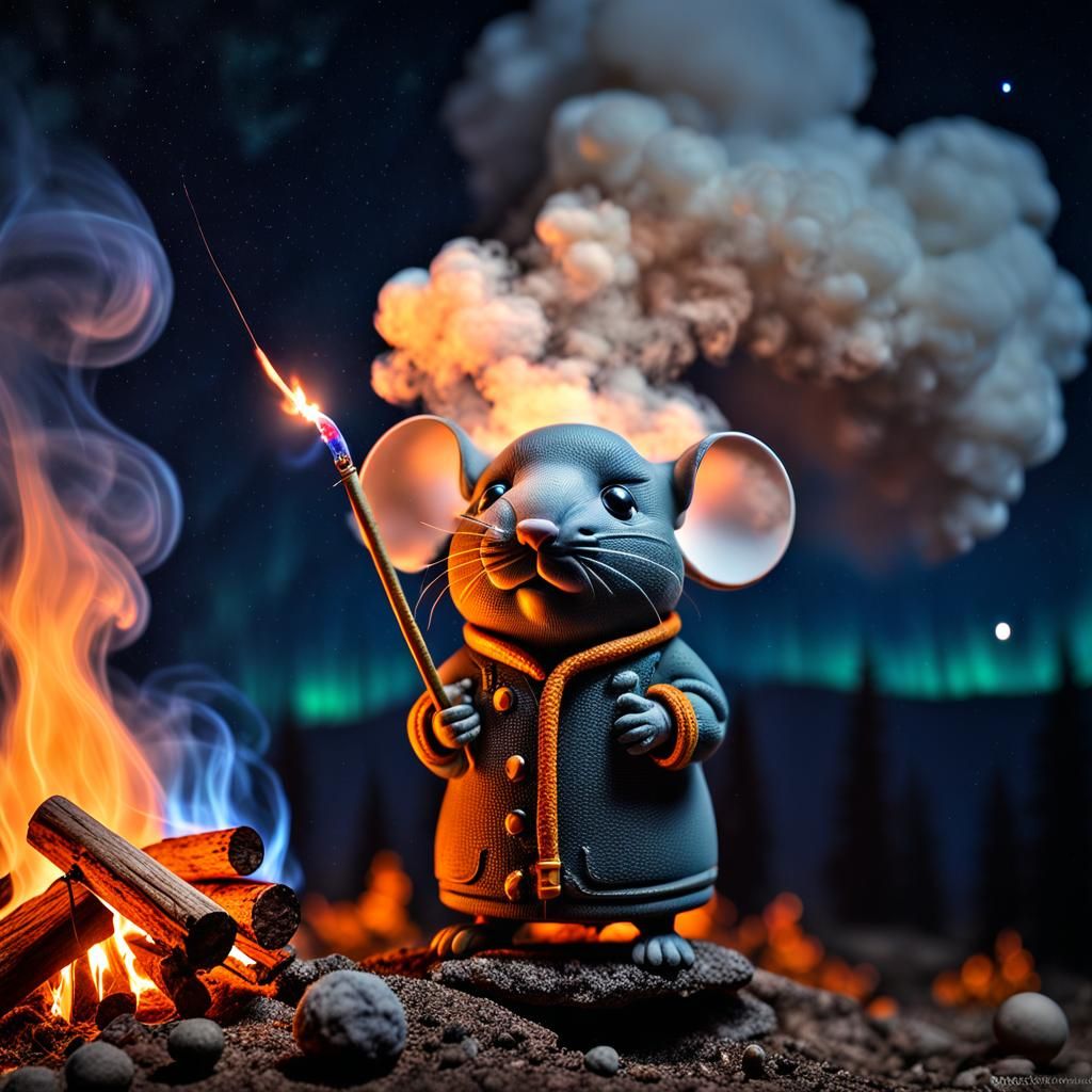 Photograph, Macro, chibi mouse made of smoke looking at smoky camp fire ...