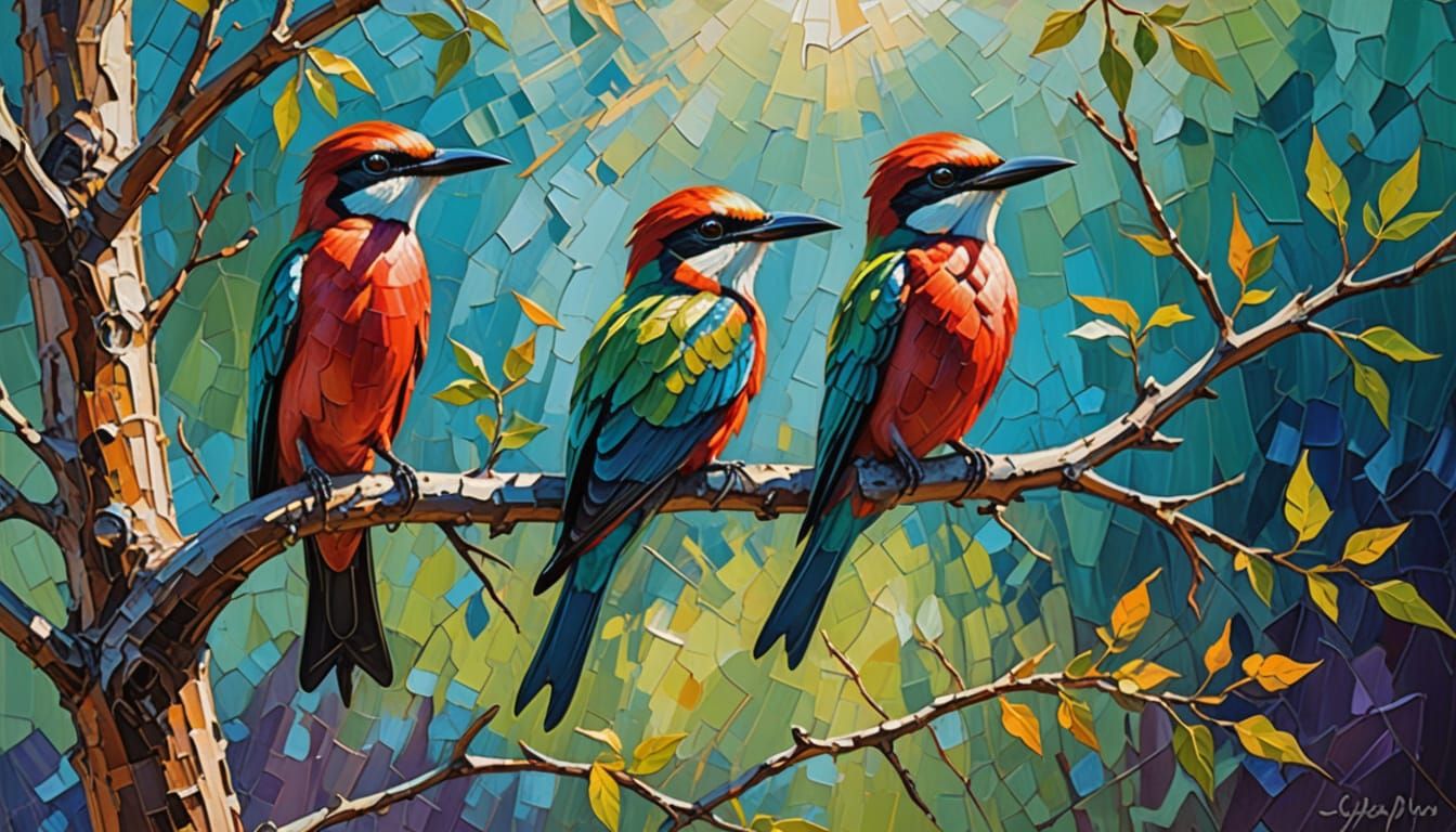 Carmine Bee-eaters on a branch.