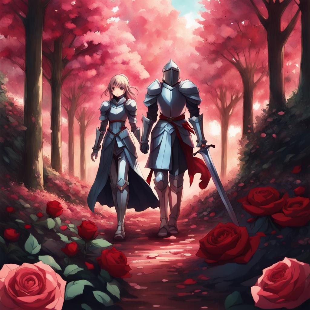 A knight man and a knight woman walking through a rose fores...