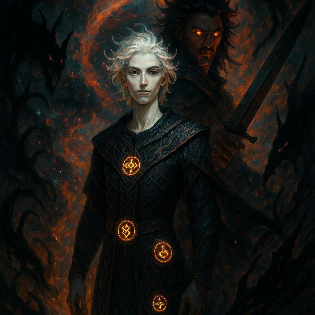 A striking, androgynous figure with ethereal features stands amidst a swirling vortex of cosmic dust and nebulae. They wear intricately wove...