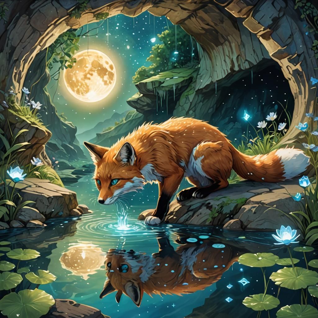 Fox-Colored Cat Touches a Swirling Pond in Glowing Cave