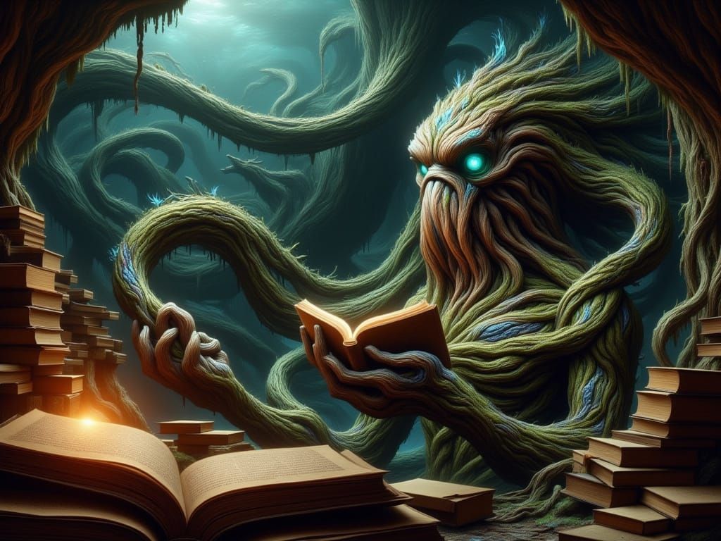 Underwater Library Scene with Tentacled Librarian