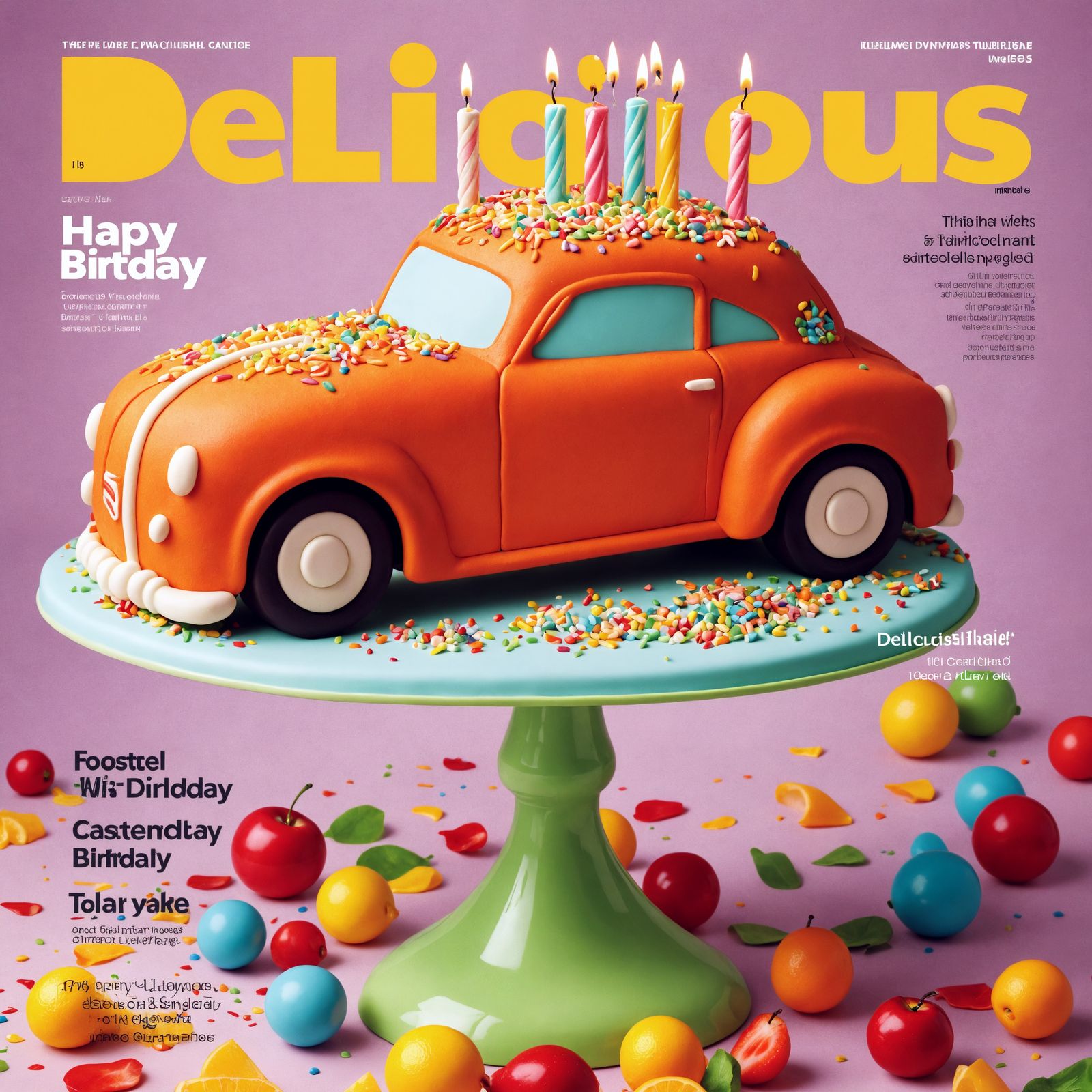 "Delicious" food magazine cover showing a close-up of a whimsically sculpted birthday cake that looks like a car
