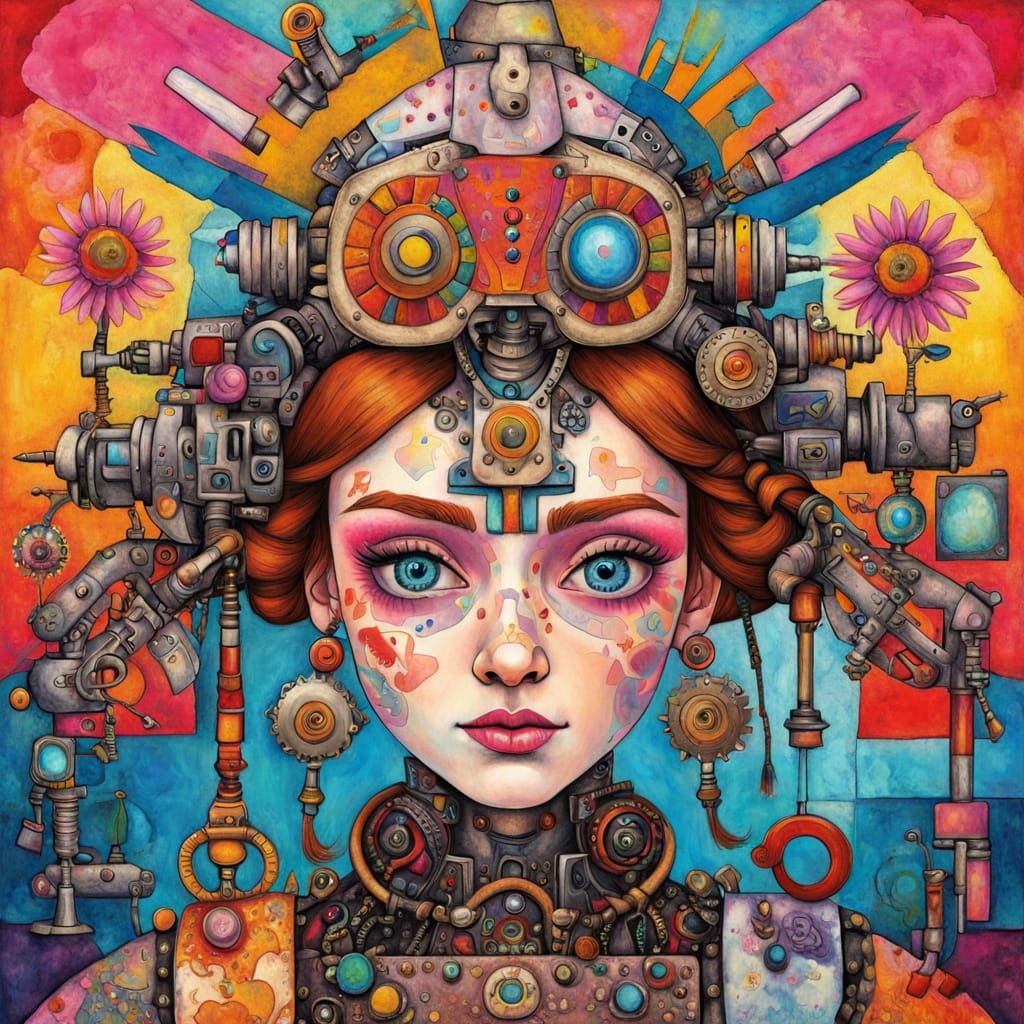  Portrait of Zelda, robot steampunk, floral! Horizon zero dawn machine.
Modifiers:
psychedelic Pop Art colorful Paul Klee Bauhaus pen and in...