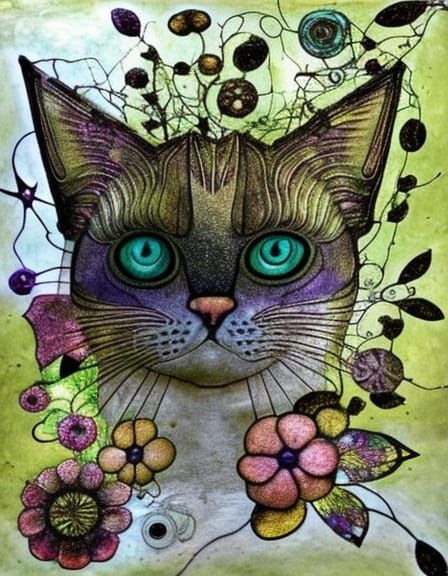 Abstract Cat Portrait in Cosmic Textile Art Style