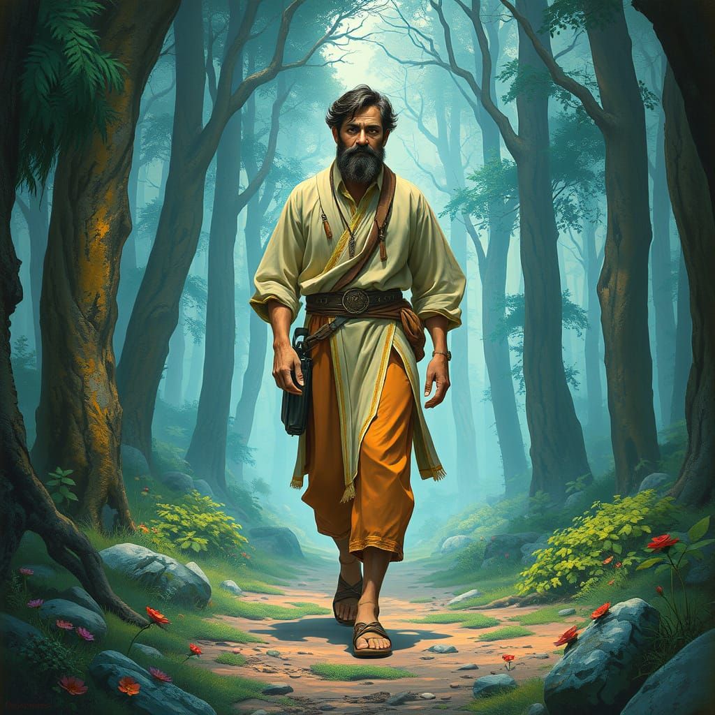 Mystical Wanderer in Vibrant Forest