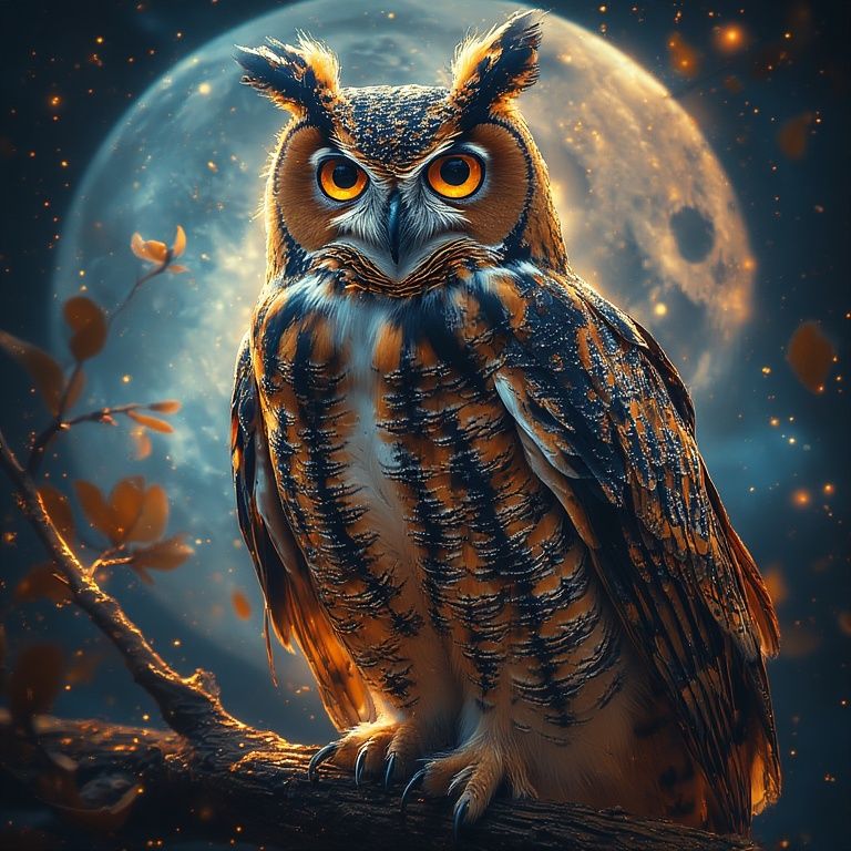 Cosmic Owl on Moonlit Branch