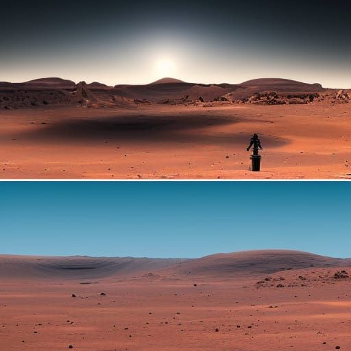 Gas station on Mars with steampunk cyborg attending spaceshi...