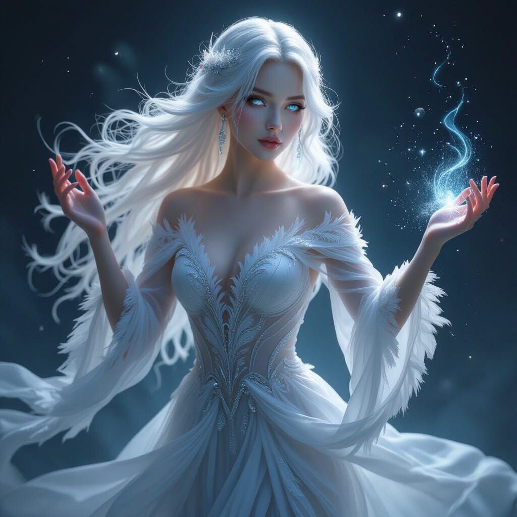 A woman dancing with ethereal grace. She has delicate features, moon-bright pearlescent skin that glows softly, and long, silky white-gold h...