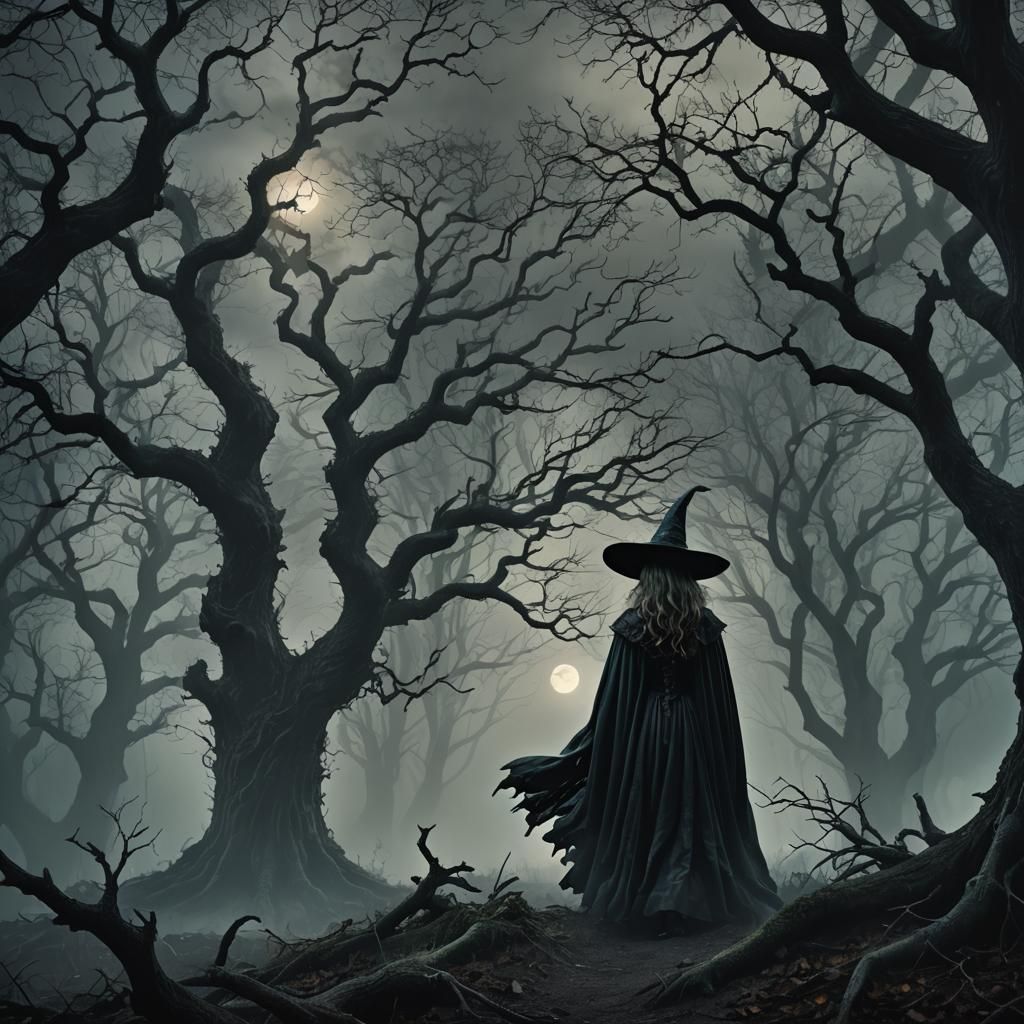Halloween Witch in Dark Forest, Gustave Doré Style