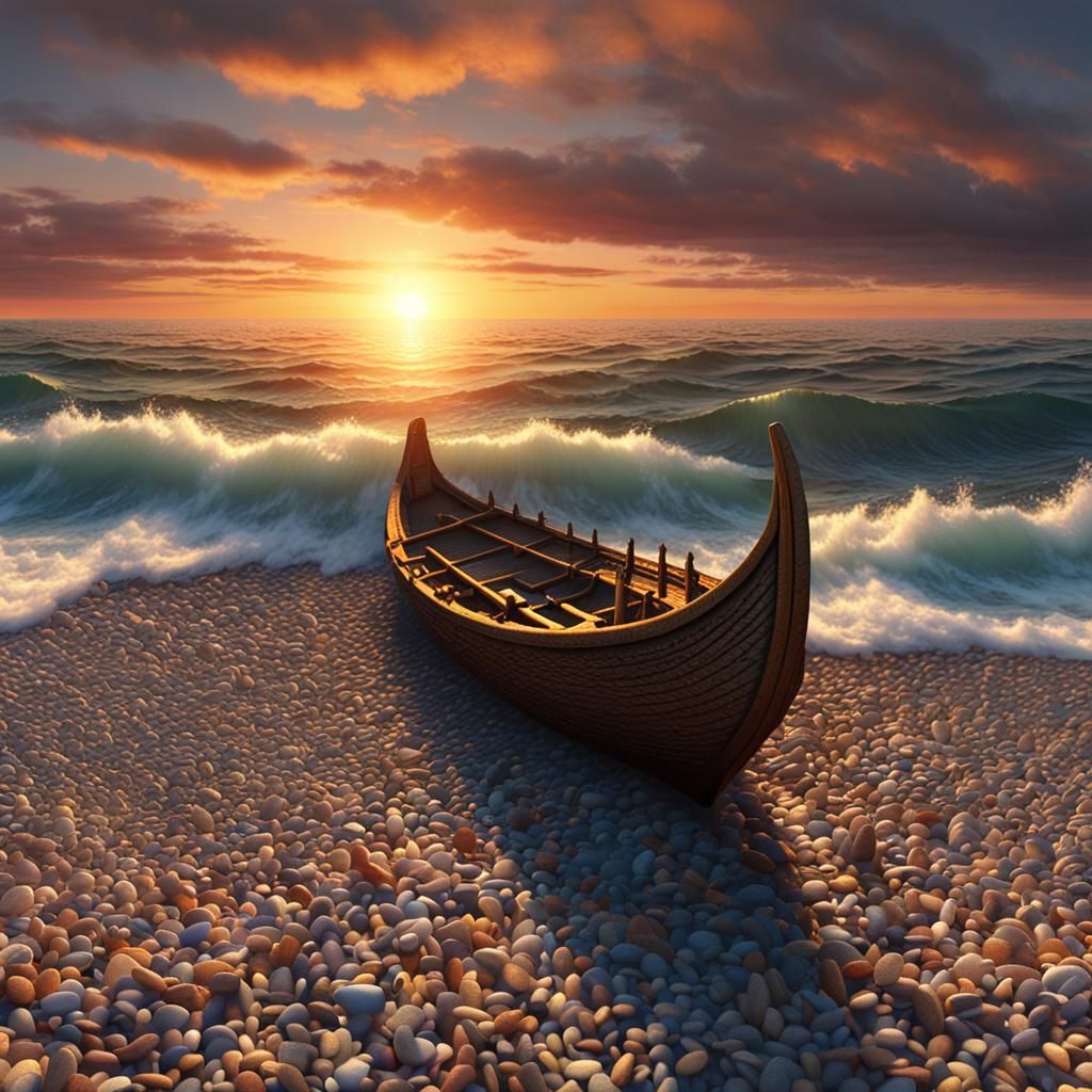 a beautiful pebble beach, on the horizon a magnificent viking ship sails towards the amazing sunset, ...  by @Romanique83