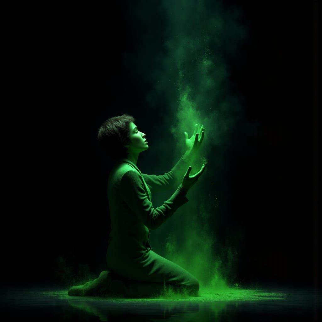 <lora:AffectaFlux:1.0>A person kneeling, reaching out to touch the light of green powder that is floating in front of them, creating an atmo...