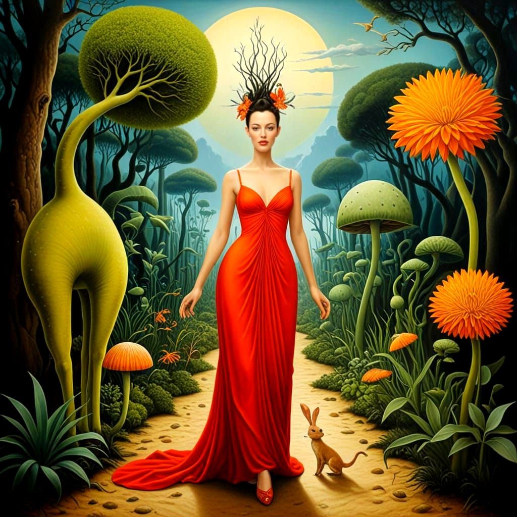 Surreal Landscape with Woman and Fantastic Creatures