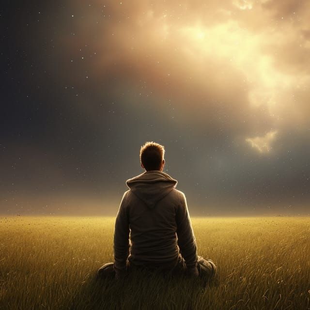 A man sits on the full field landscape is looking the sky wh...