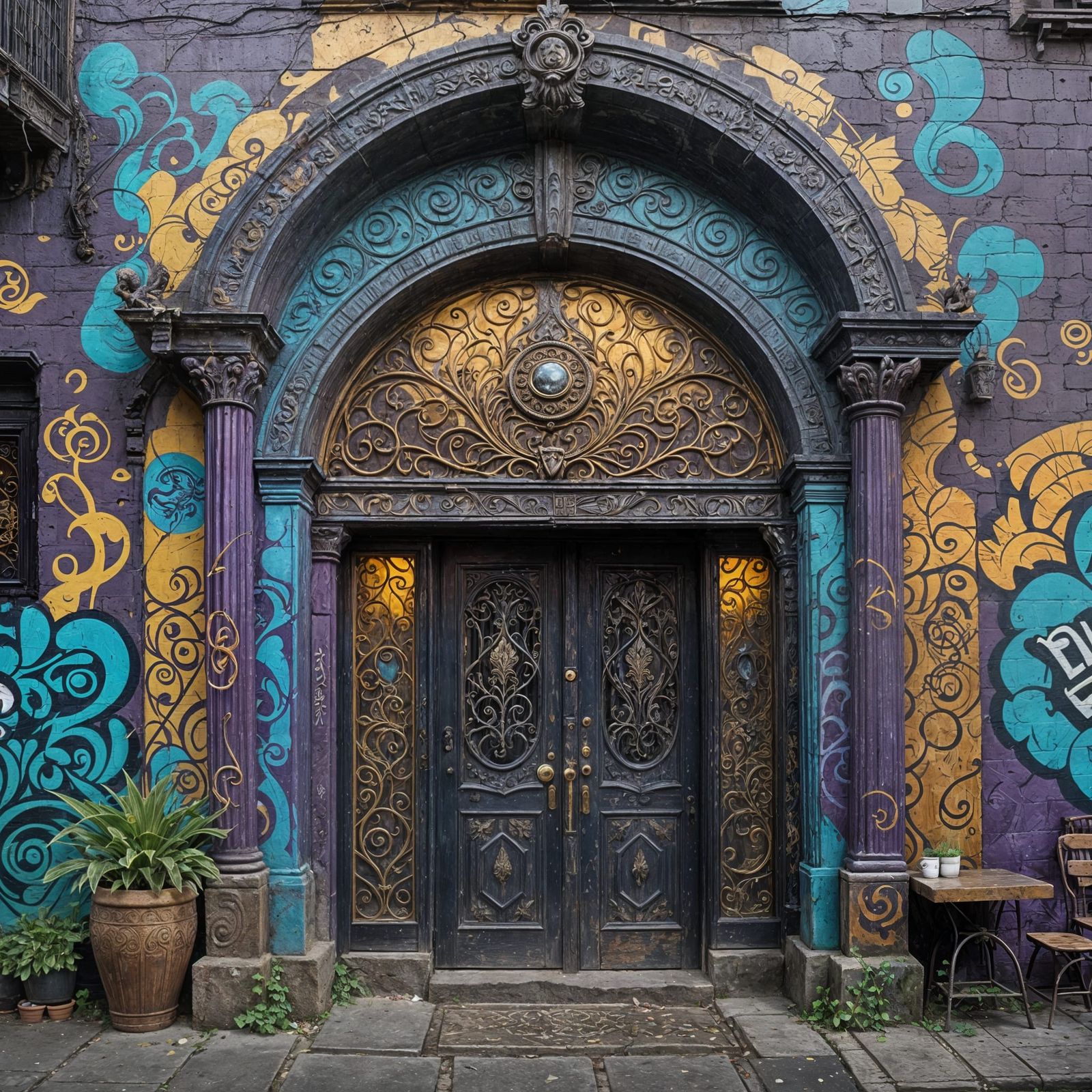 Fantasy Tavern Entrance with Graffiti Portal