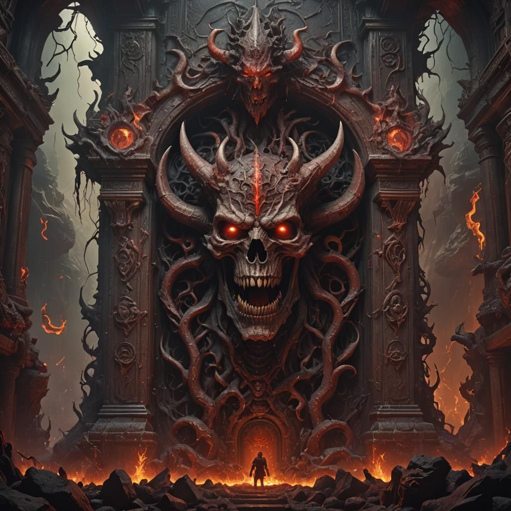 Giant demonic sarcophagus in the depths of Hell