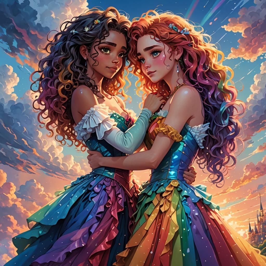 Two women standing next to each other, holding each other, e...