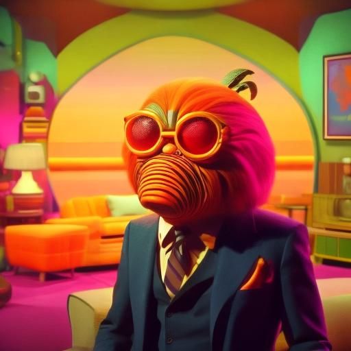 <lora:Pink Room SD15:0.7>
<lora:Groovy Lounge:0.7>
Scene from a 1970s sitcom featuring an anthropomorphic biopunk fruit wearing vintage clot...
