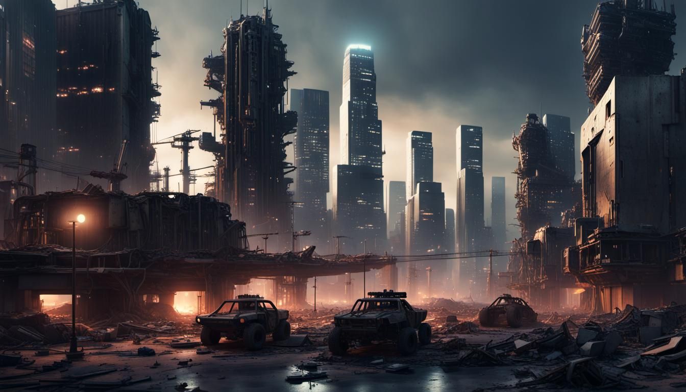 realistic los angeles panorama cityscape decayed in the dystopian post apocalyptic future at night; after nuclear war
