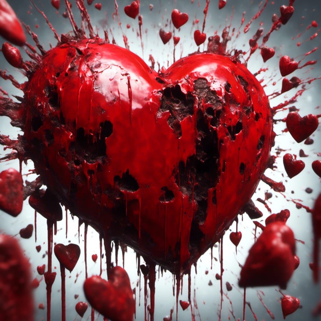 a bright red heart that gets more decayed as love gets destroyed, a true picture of pain, a true symbol of misery