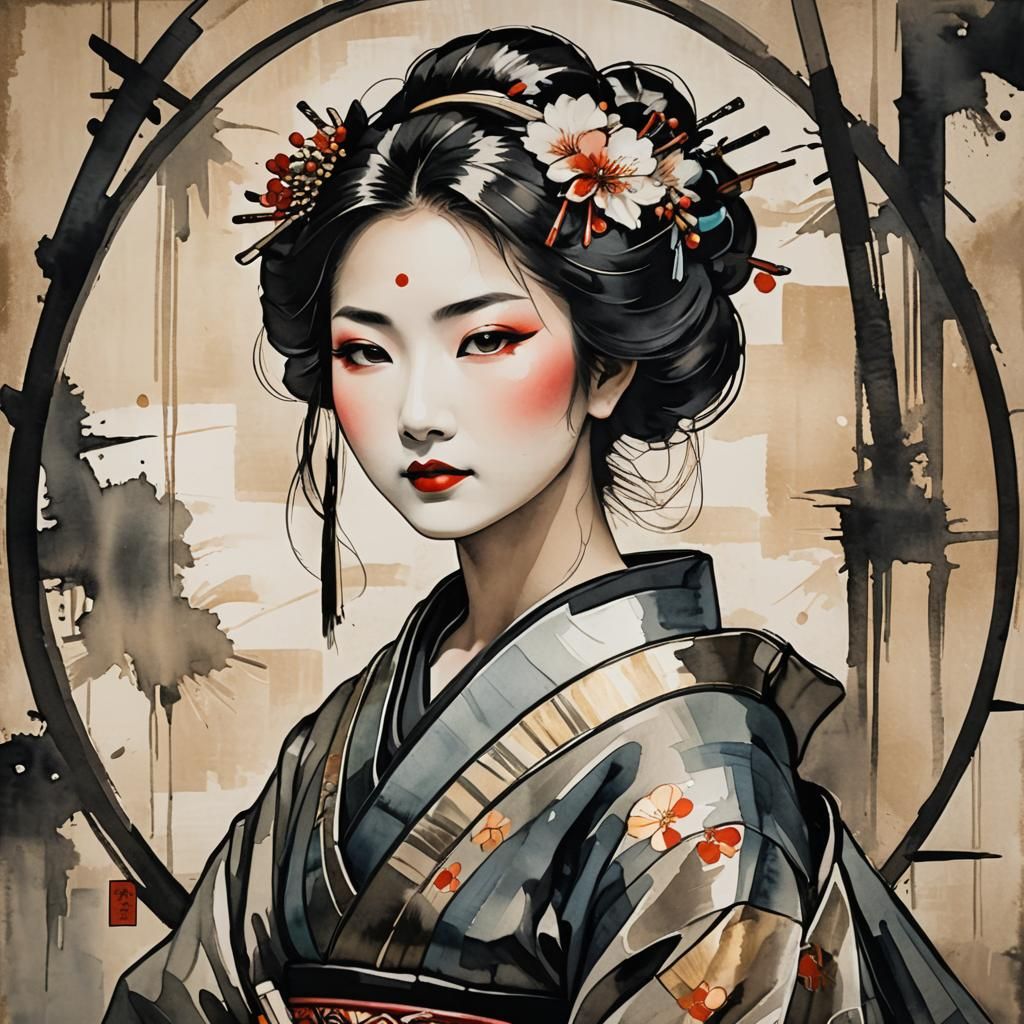 as a stained glass piece in the Tiffany style, a geisha port...
