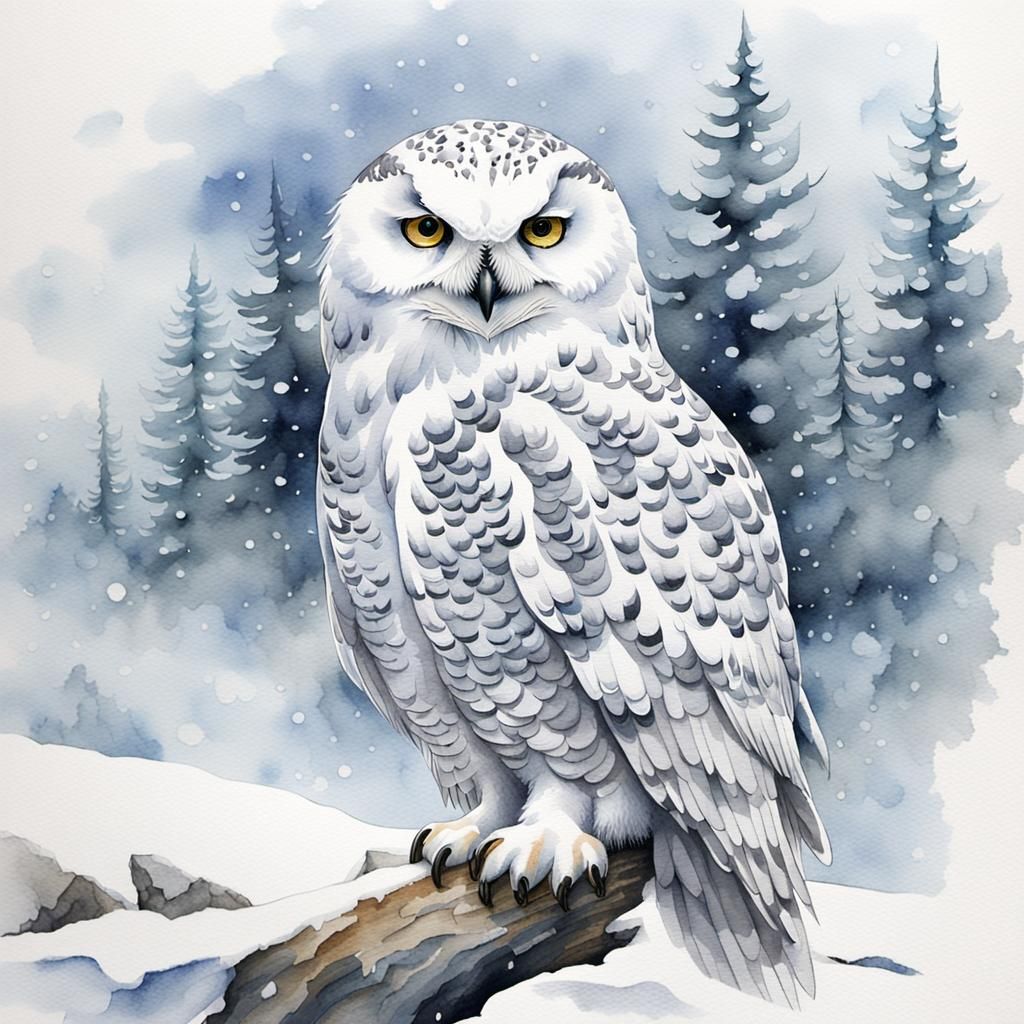 Faded watercolor of snowy owl in a snowy covered landscape, Watercolor, trending on artstation, sharp ...  by @whiterose