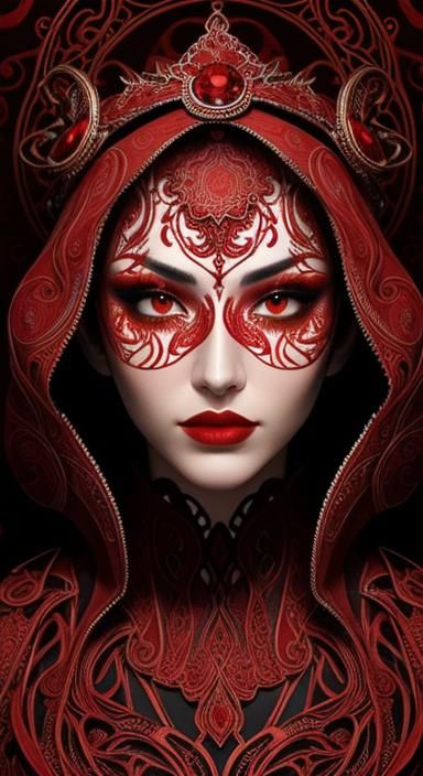 Face in Swirling Red Filigree