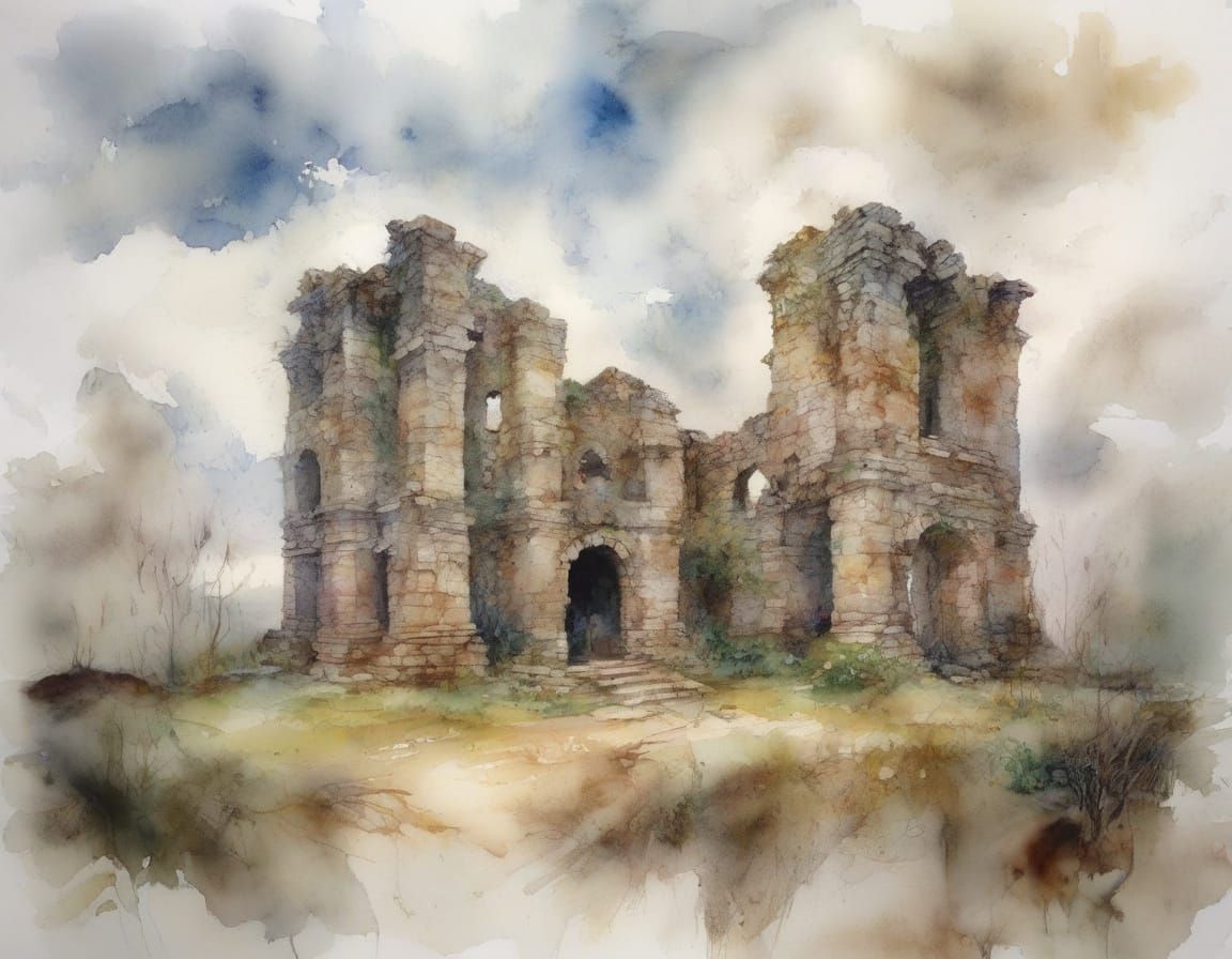 ancient cobbled ruins, double exposure,  delicate expressive watercolour techniques of Carne Griffiths, ethereal, cinematic stylization, sur...